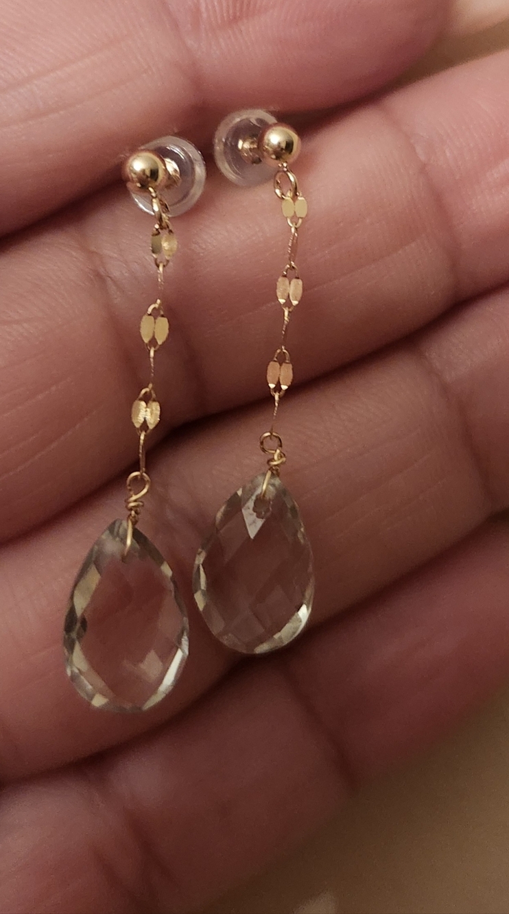 14kt Gold Drop Quart  Dangle Earrings - Elegant Clear Teardrop - Picture 2 of 7